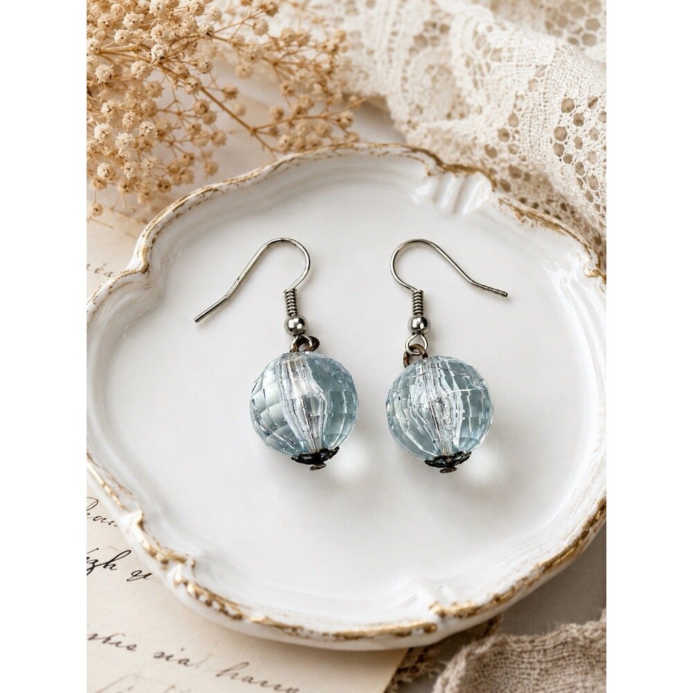 Vintage Faceted Clear Lucite Bead Drop Earrings Silver Tone Dangle Retro 1960s